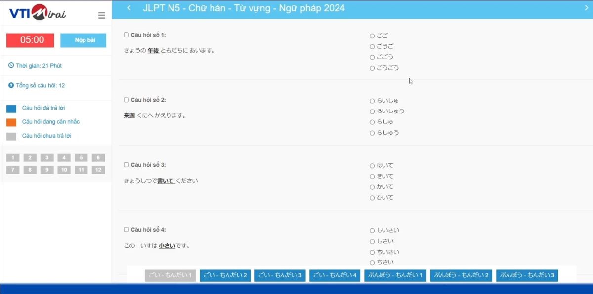 Làm đề thi thử N4 online miễn phí tại VTI Mirai