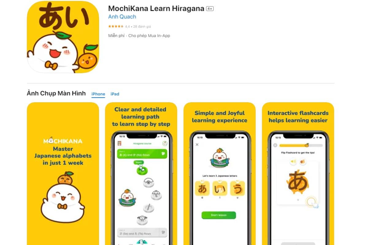 MochiKana - App học bảng chữ cái Hiragana tiếng Nhật